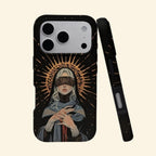 The Veiled Prophet case – angled floating view showing blindfolded maiden with golden halo on matte black