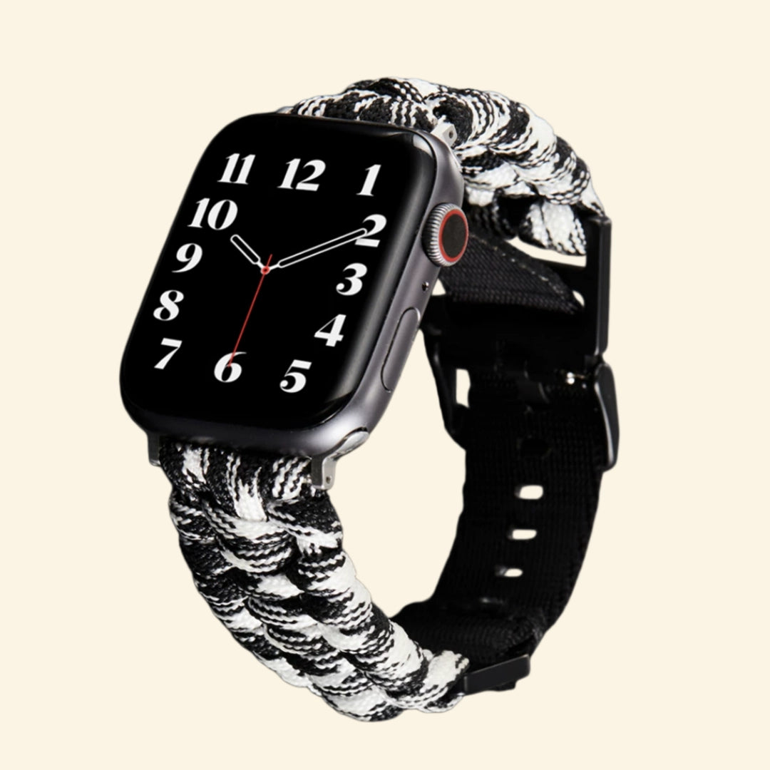White & Black Paracord Braided Band on Apple Watch — top flat lay view