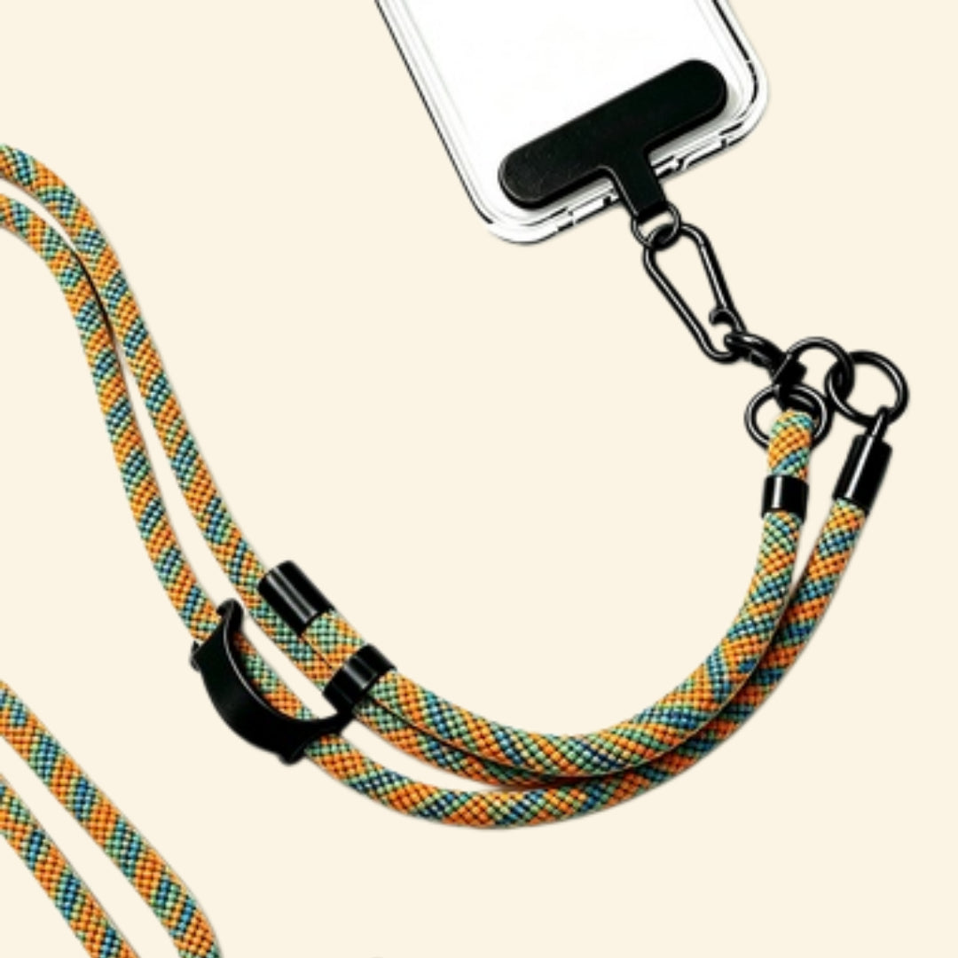 The Core Cord Amber & Teal Cross-Weave – lanyard attached to phone case detail view