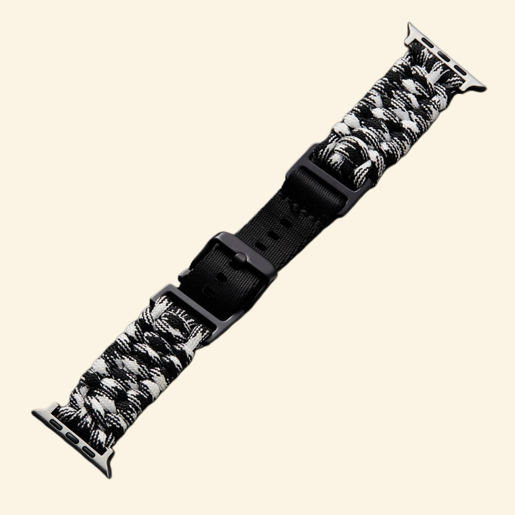 White & Black Paracord Braided Band — full band isolated diagonal view