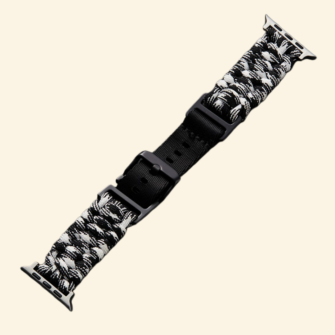 White & Black Paracord Braided Band — full band isolated diagonal view