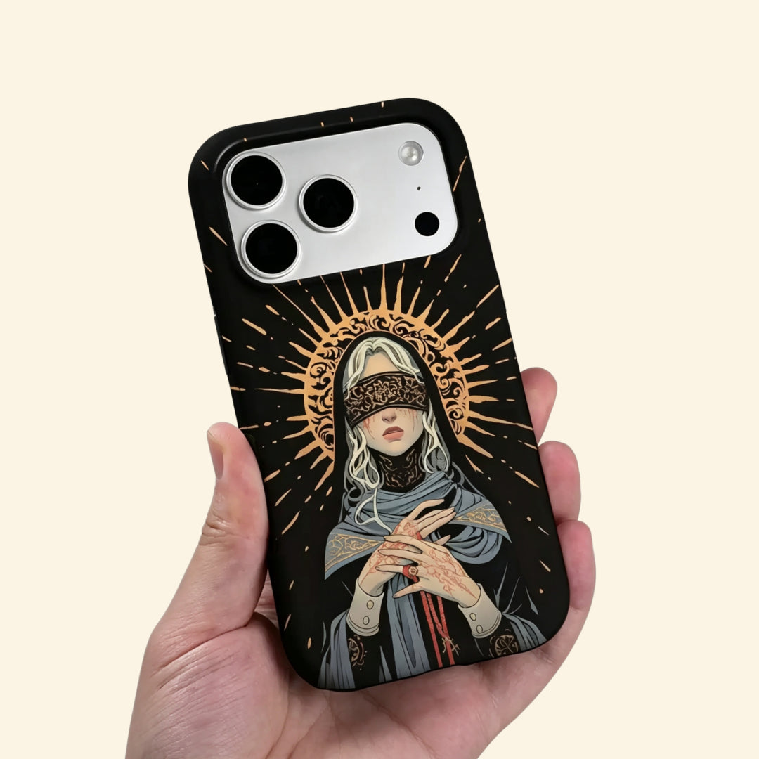 The Veiled Prophet case – low-angle flat view showing full golden halo and arcane sigil detail