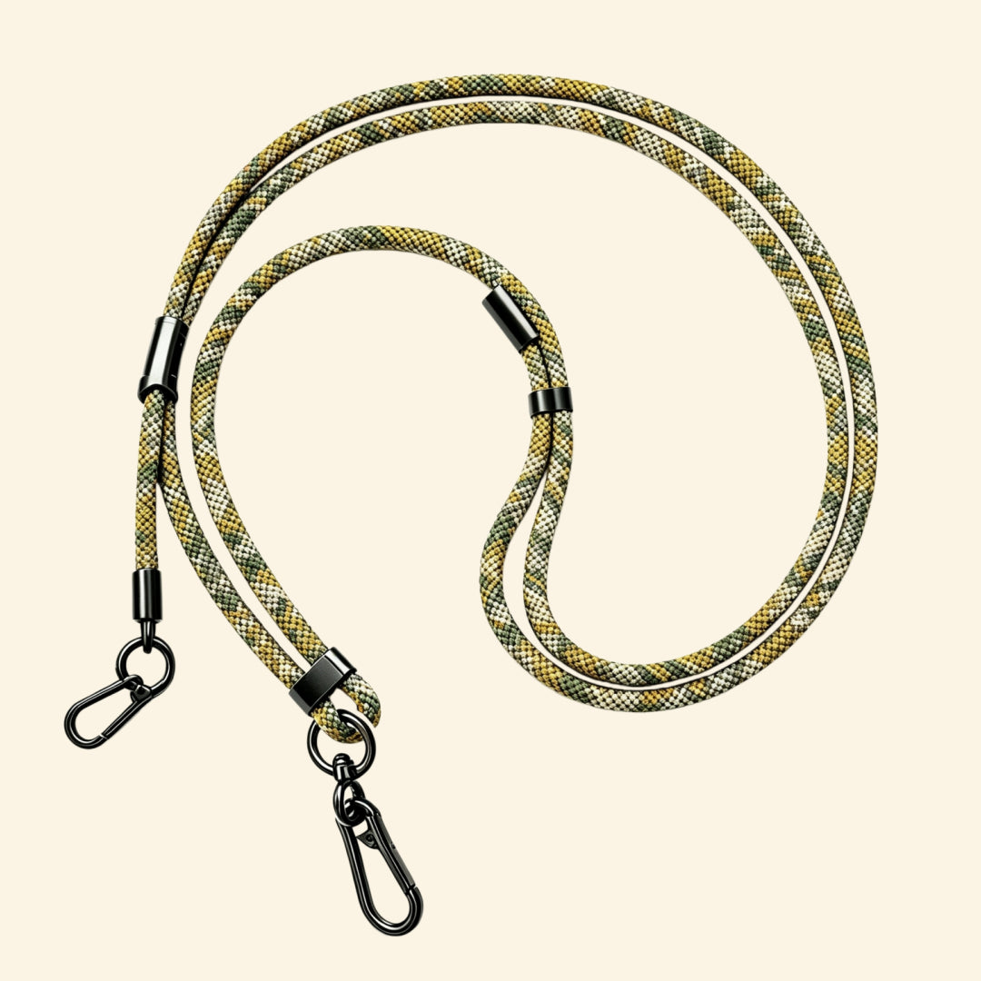 The Core Cord Amber & Teal Cross-Weave – full lanyard coiled flat lay