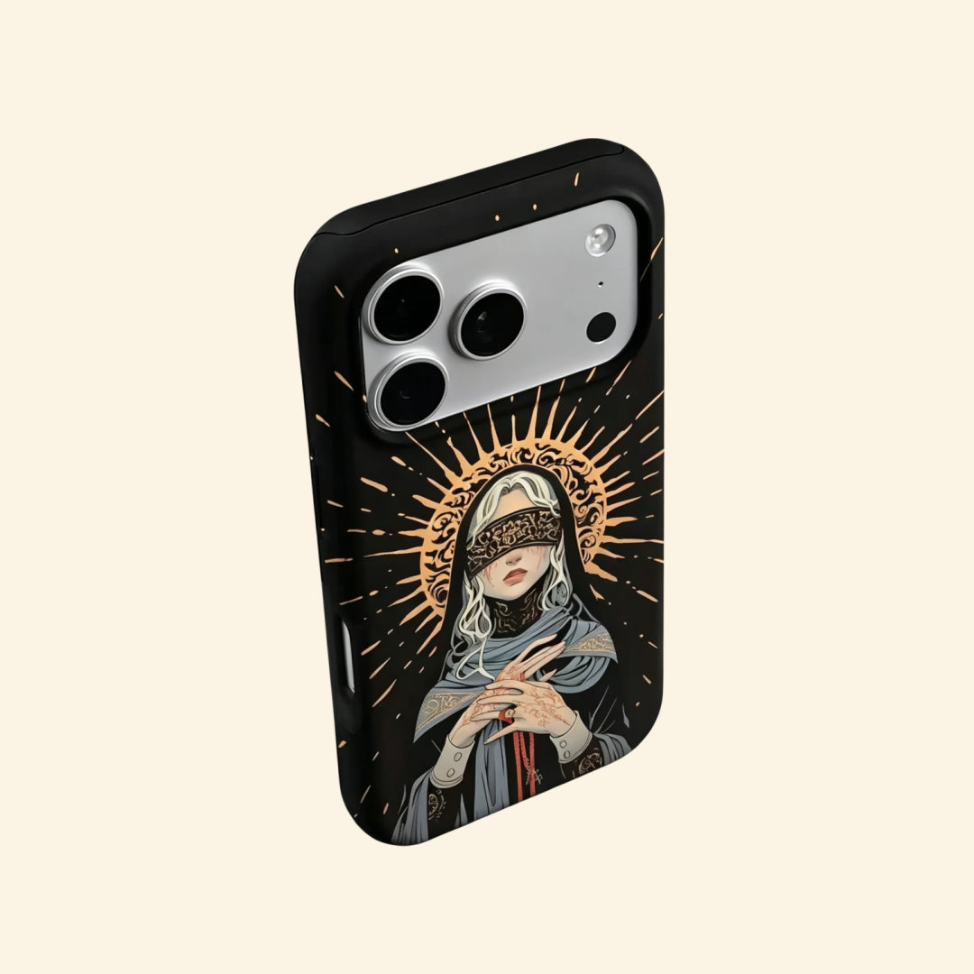 The Veiled Prophet case – front and side profile flat lay showing slim matte black shell and artwork