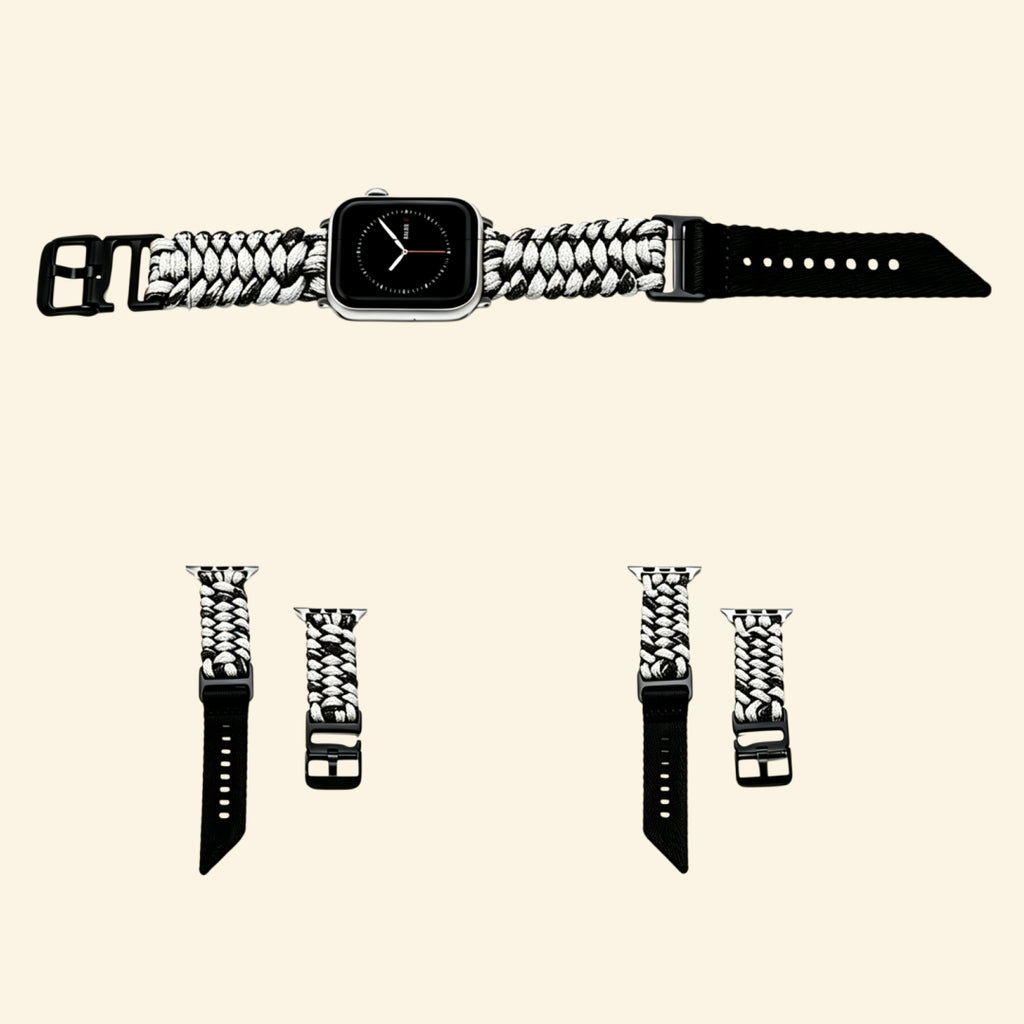 White & Black Paracord Braided Band — size variant flat lay