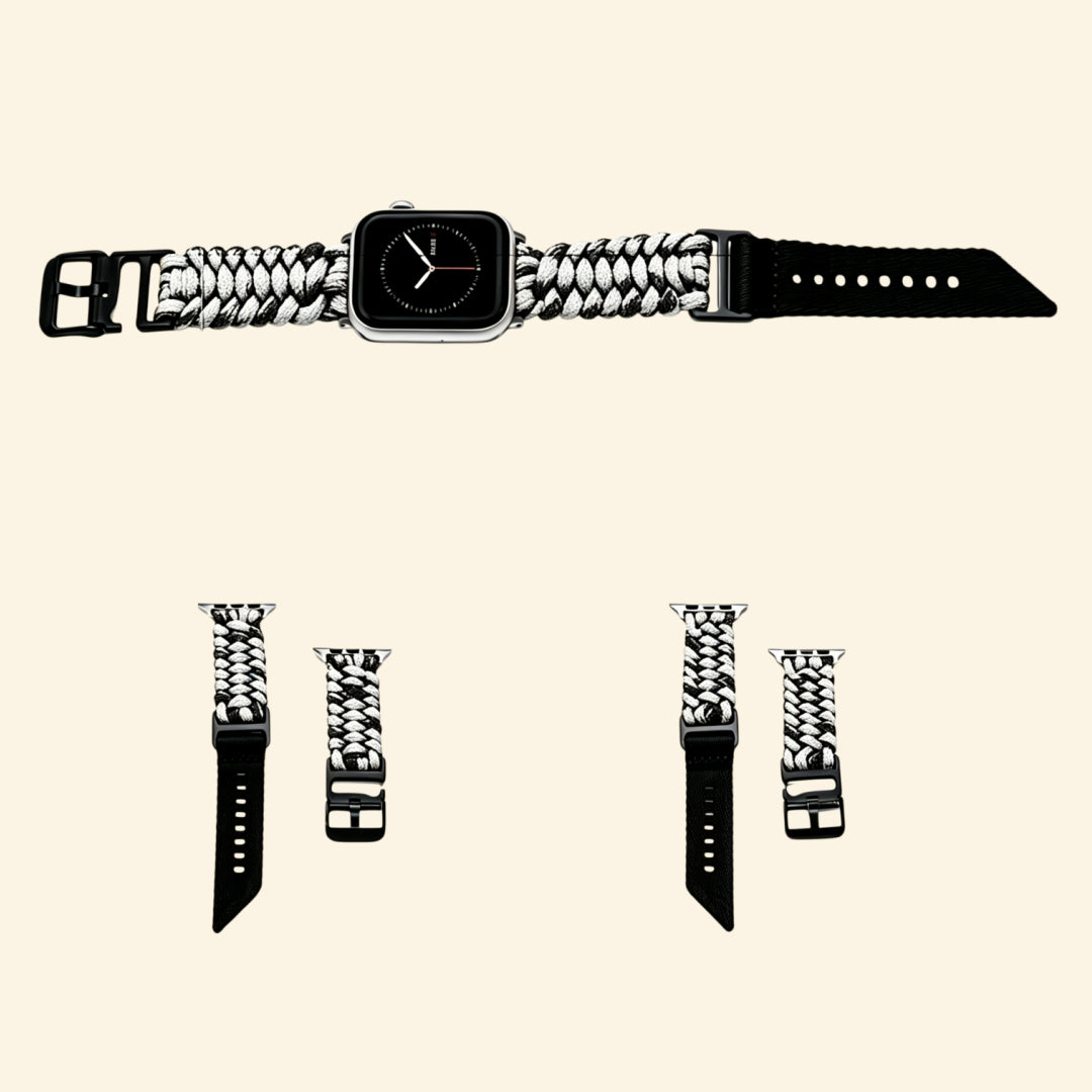 White & Black Paracord Braided Band — size variant flat lay