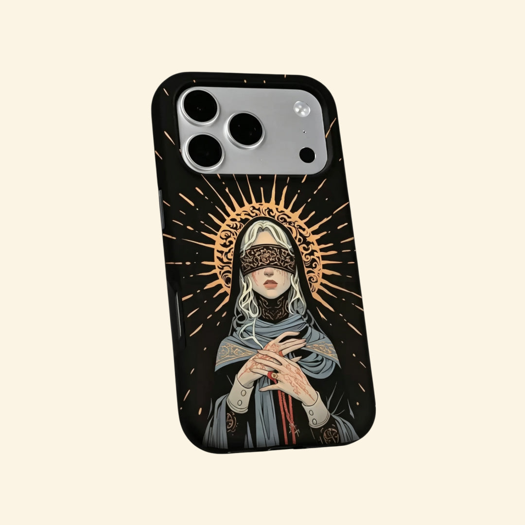 The Veiled Prophet case – hand-held lifestyle shot showing full veiled prophet artwork