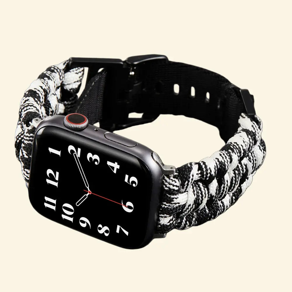 White & Black Paracord Braided Band on Apple Watch — angled side view