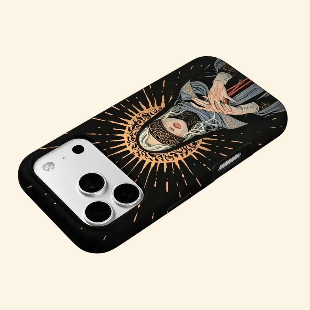 The Veiled Prophet case – floating side angle showing camera island and golden halo placement