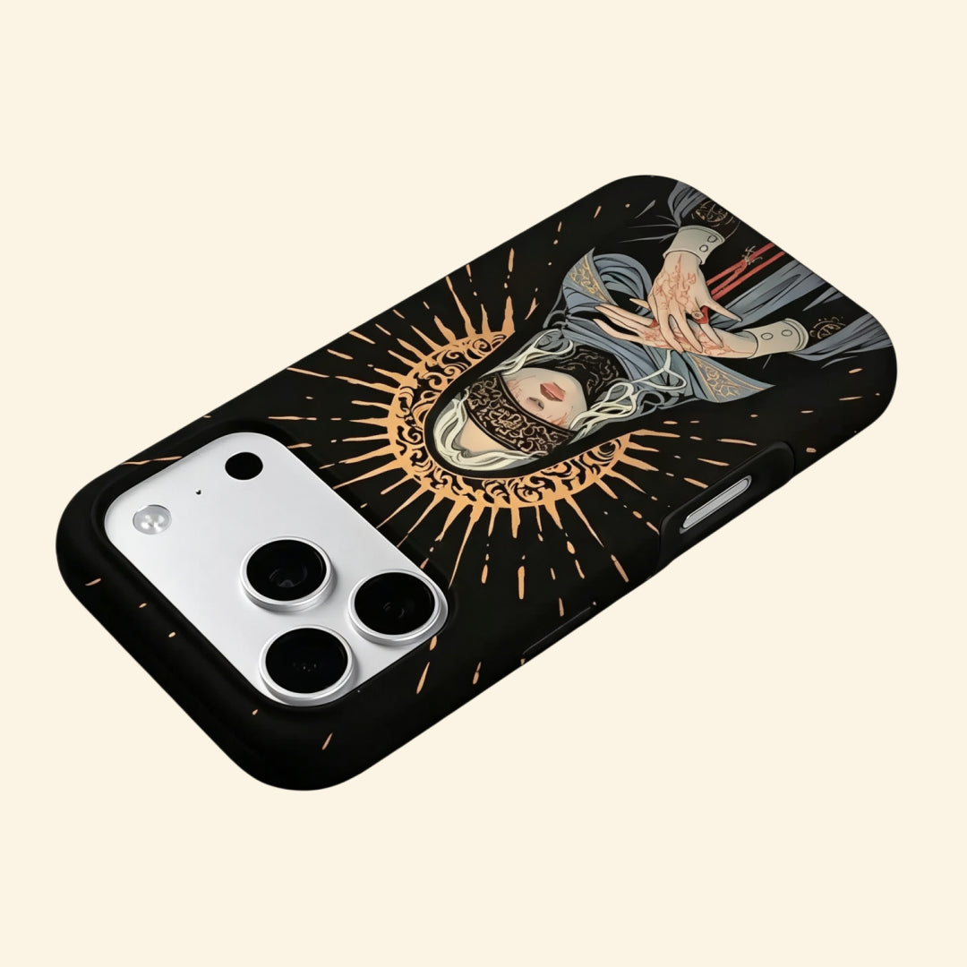 The Veiled Prophet case – floating side angle showing camera island and golden halo placement