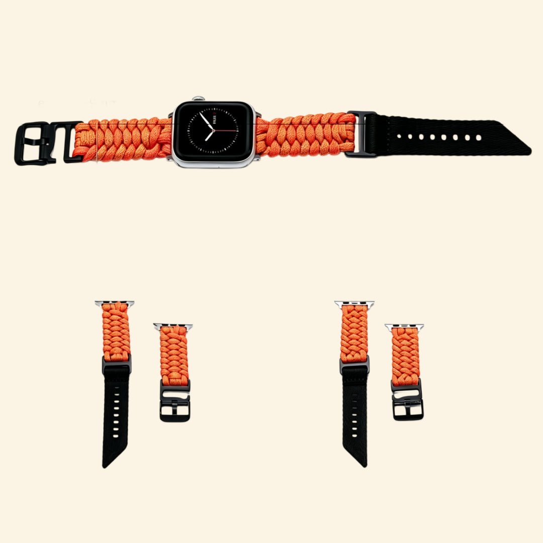 Tactical Paracord Braided Band for Apple Watch — Specimen No. 9808 - Carapace StudioApple Watch BandCarapace StudioCarapace StudioCS-9808-PCRD-ORG-AW-1Apple Watch Ultra 3 (49mm)Tactical Paracord Braided Apple Watch Band — full band laid flat showing matte black buckle and lugs, Specimen No. 9808