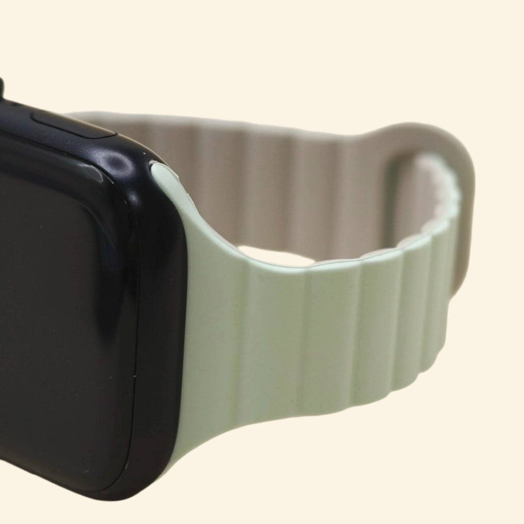 Sage Green Magnetic Silicone Band — rear sensor view on Apple Watch