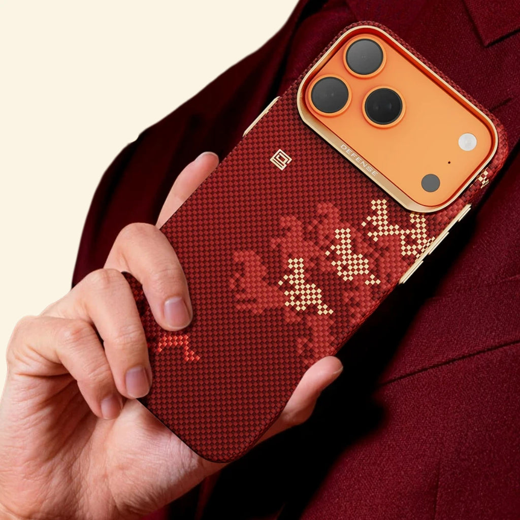 Specimen No. 10547 Galloping Steed Aramid iPhone Case — gold camera bezel close-up