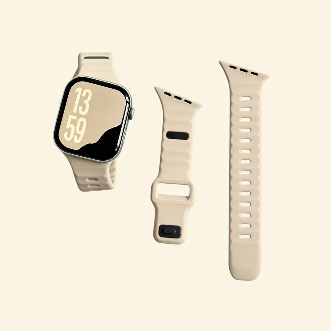 Oat Beige Ocean Wave Apple Watch Band — front wrist view on cream background