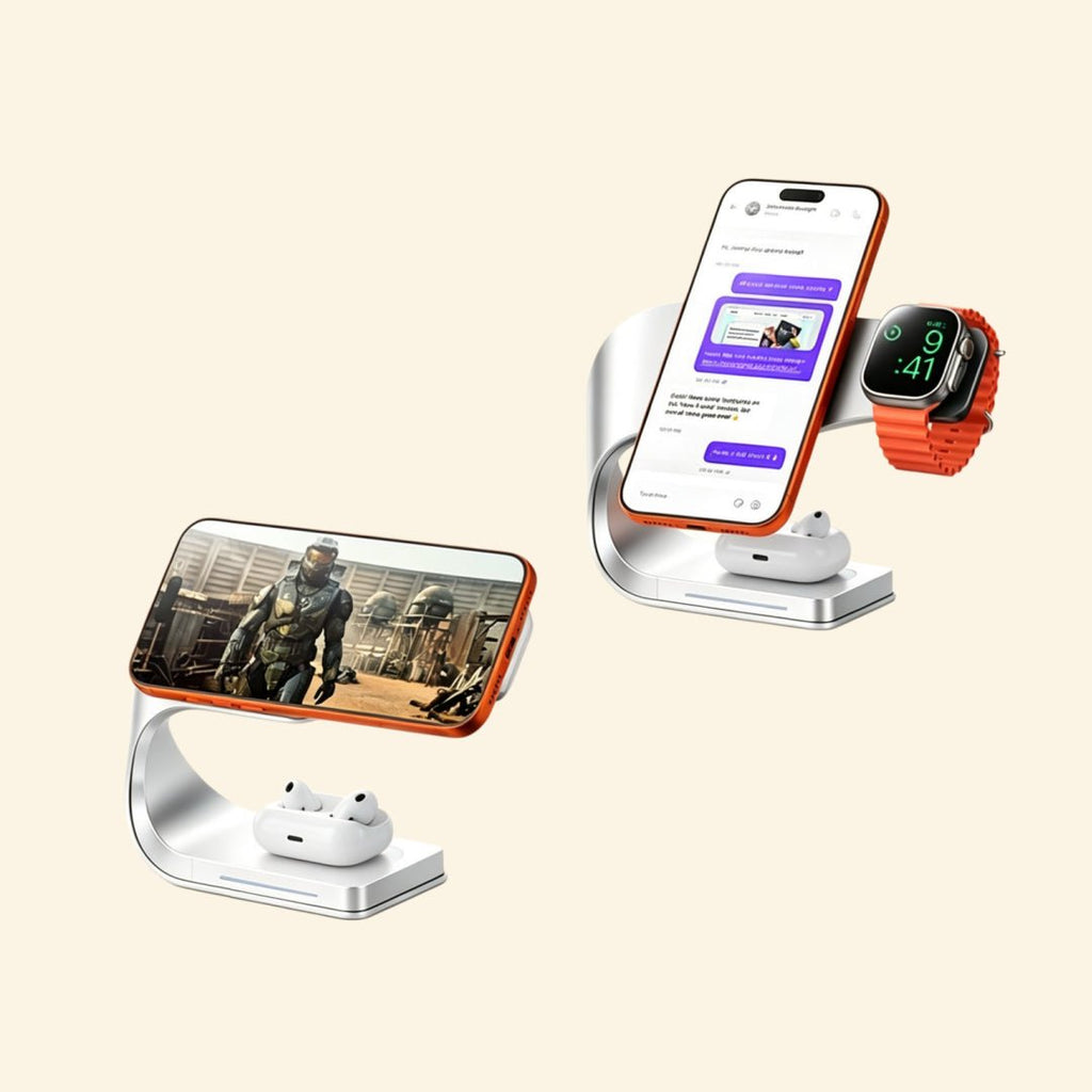 Streamlined Metal 3-in-1 Magnetic Wireless Charging Stand - Carapace StudioWireless ChargerCarapace StudioCarapace Studio10559Titanium GrayStreamlined metal 3-in-1 charging stand — dual-angle view with iPhone in landscape and portrait, Apple Watch and AirPods docked