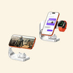 Streamlined Metal 3-in-1 Magnetic Wireless Charging Stand - Carapace StudioWireless ChargerCarapace StudioCarapace Studio10559Titanium GrayStreamlined metal 3-in-1 charging stand — dual-angle view with iPhone in landscape and portrait, Apple Watch and AirPods docked