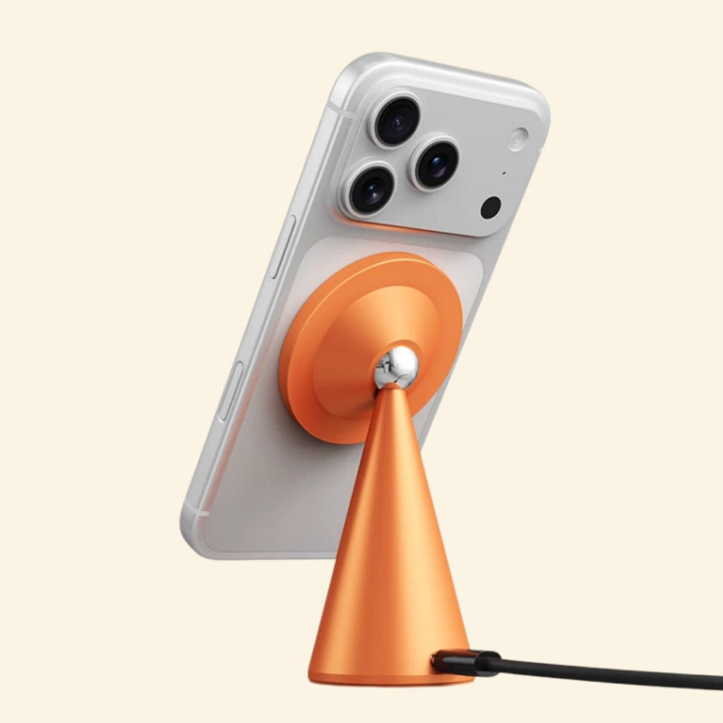 Geometric Cone Qi2 25W Wireless Charging Stand - Carapace StudioWireless ChargerCarapace StudioCarapace StudioSPEC-10556-CONE-QI2Amber GoldGeometric Cone Qi2 25W Wireless Charging Stand — rear view with iPhone magnetically attached
