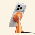 Geometric Cone Qi2 25W Wireless Charging Stand - Carapace StudioWireless ChargerCarapace StudioCarapace StudioSPEC-10556-CONE-QI2Amber GoldGeometric Cone Qi2 25W Wireless Charging Stand — rear view with iPhone magnetically attached