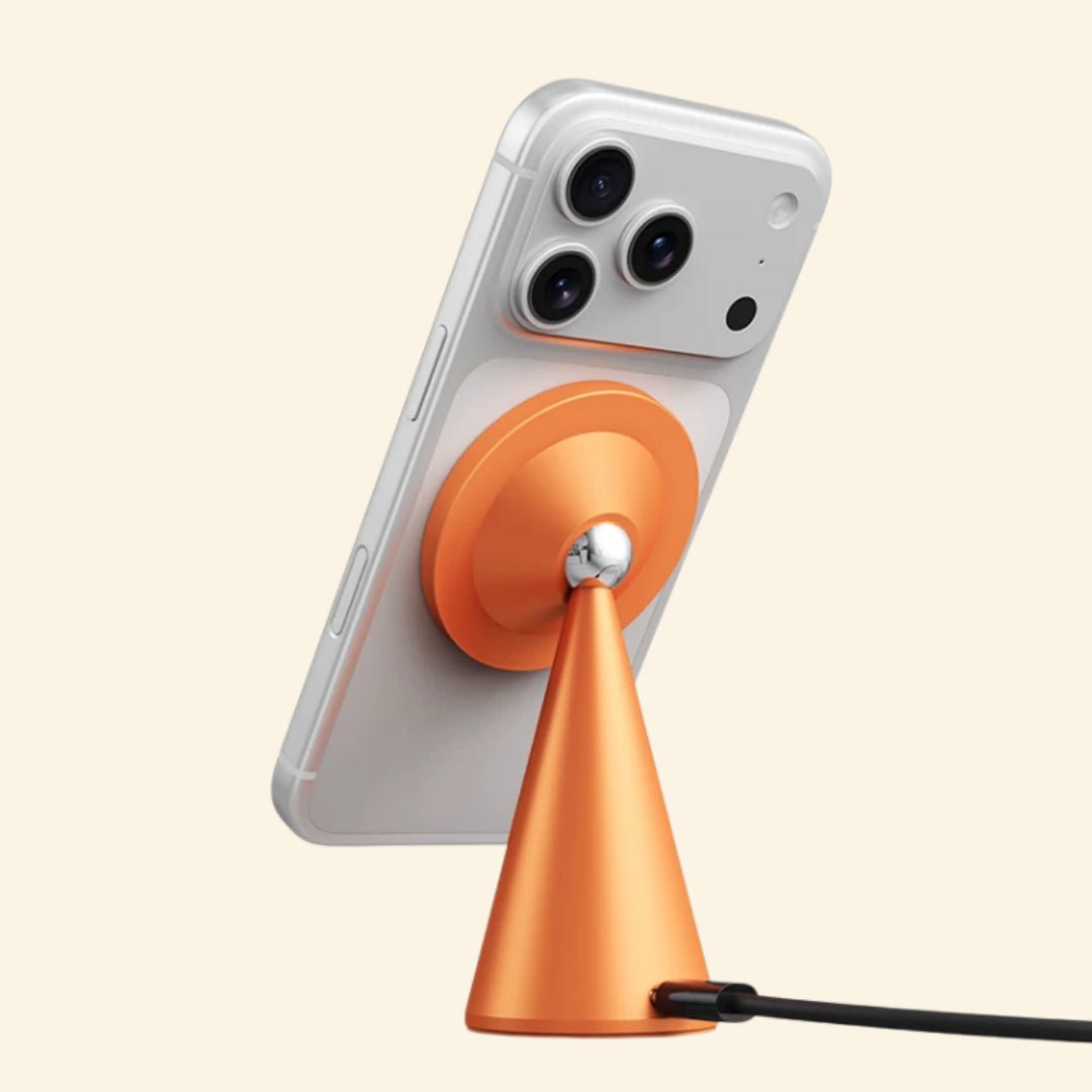 Geometric Cone Qi2 25W Wireless Charging Stand - Carapace StudioWireless ChargerCarapace StudioCarapace StudioSPEC-10556-CONE-QI2Amber GoldGeometric Cone Qi2 25W Wireless Charging Stand — rear view with iPhone magnetically attached