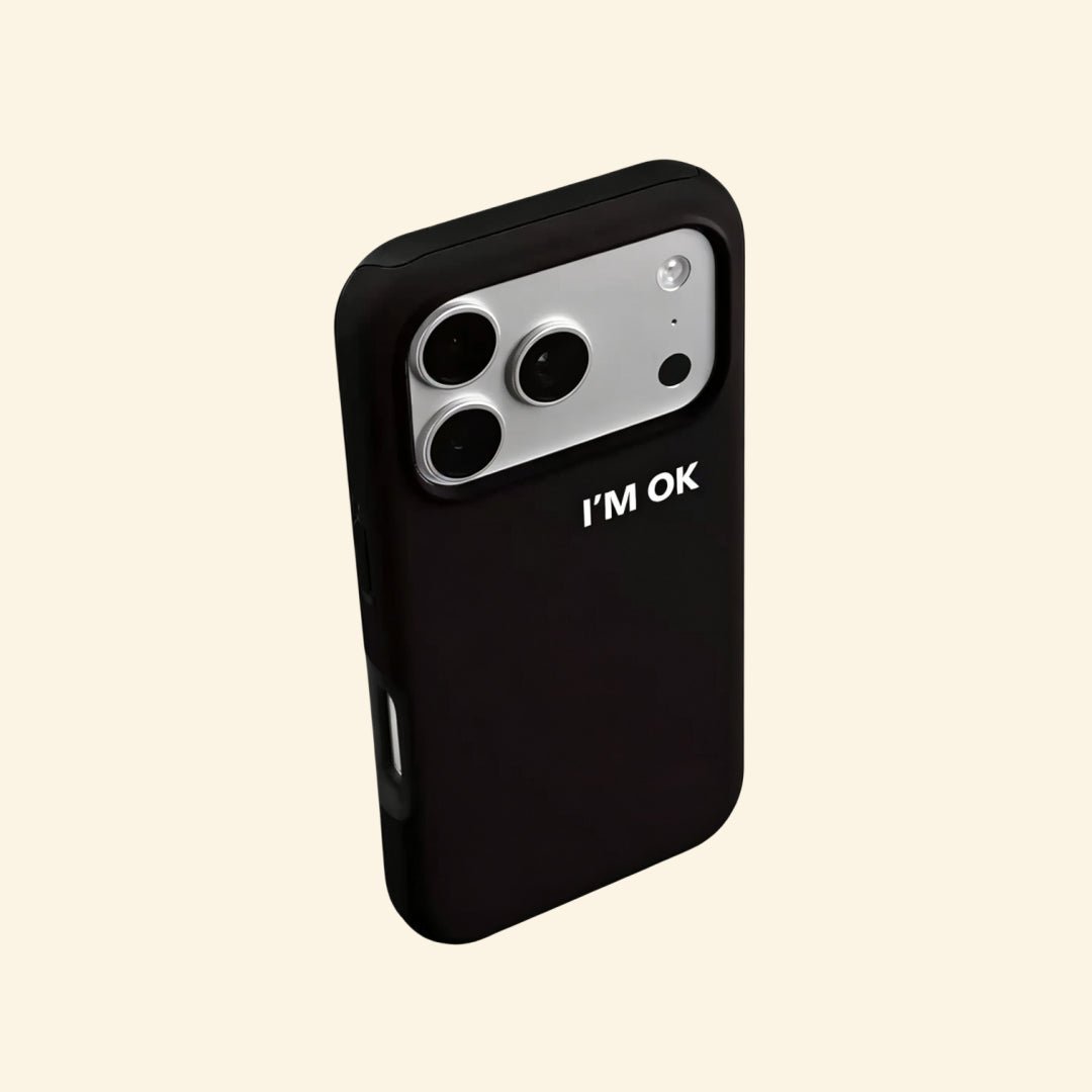The Statement Case – "I'M OK" Matte Black Magnetic Protective Shell - Carapace StudioPhone CaseCarapace StudioCarapace StudioCS-801-IP16PMiPhone 16 Pro MaxI'M OK Magnetic Case – angled back view