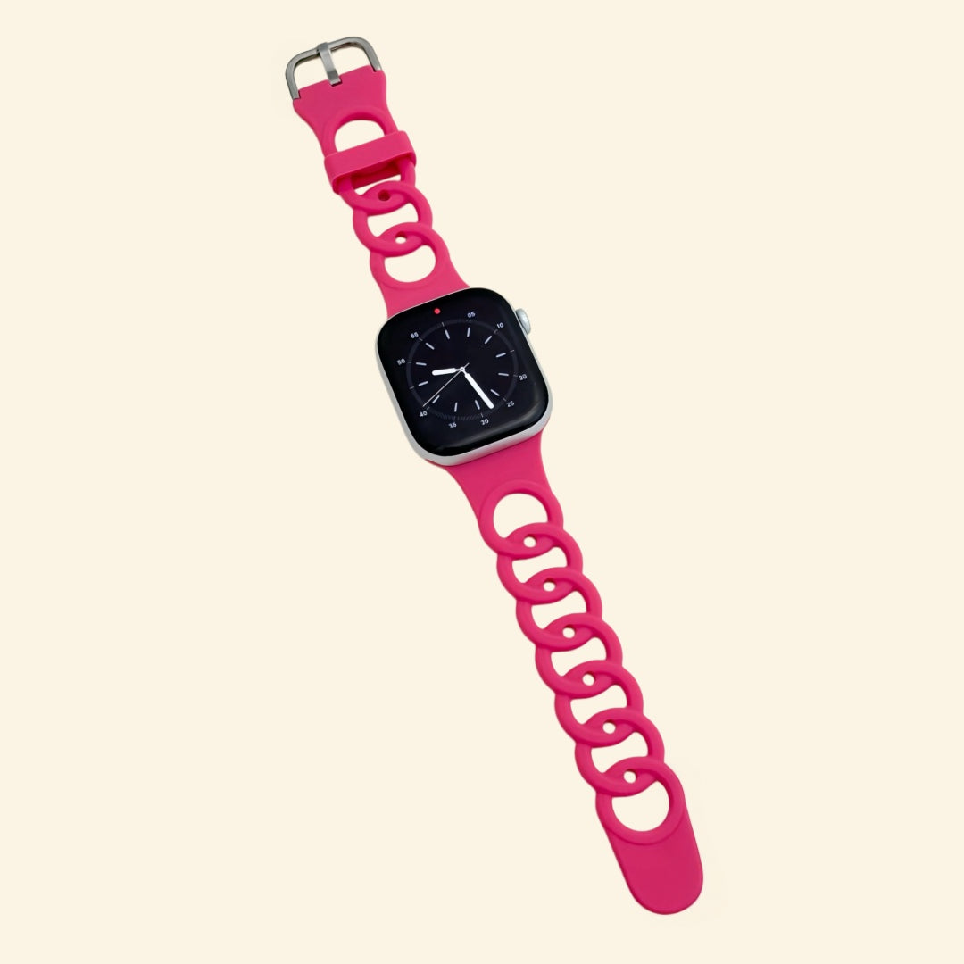 Hot Pink Cutout Chain Link Silicone Band — flat lay showing full strap length and chain link detail