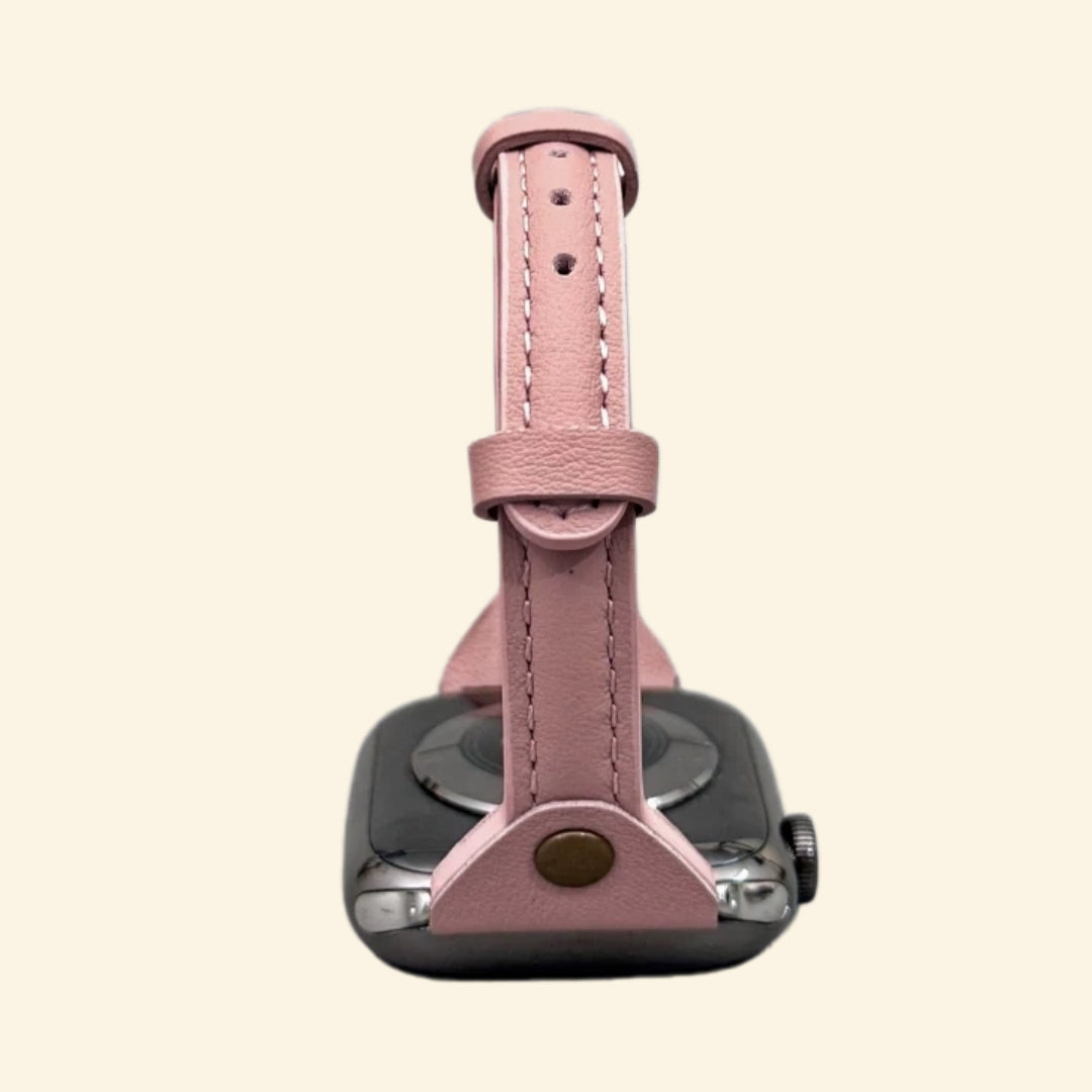 Dusty Blush Leather Band — angled side profile on Apple Watch