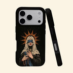 The Veiled Sanctuary case – angled floating view showing blindfolded saint with flame halo on matte black