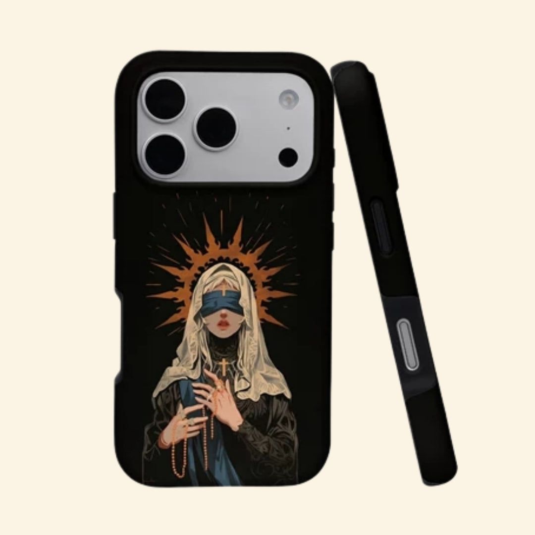 The Veiled Sanctuary case – angled floating view showing blindfolded saint with flame halo on matte black