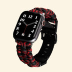 Crimson & Black Paracord Braided Band — flat lay with Apple Watch top view showing size variants