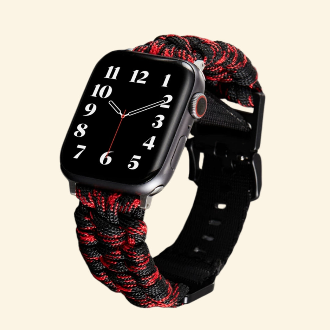 Crimson & Black Paracord Braided Band — flat lay with Apple Watch top view showing size variants