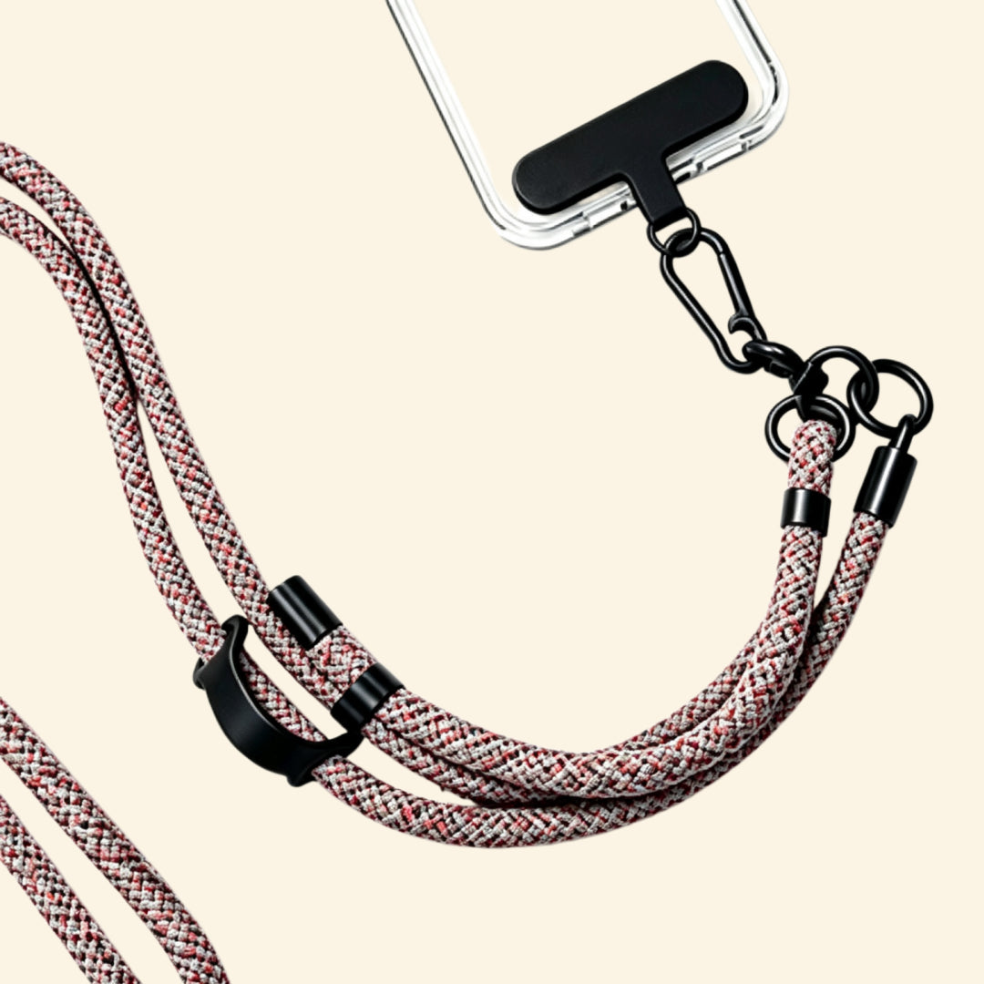 The Core Cord Terracotta Rust Cross-Weave – lanyard attached to phone case detail view