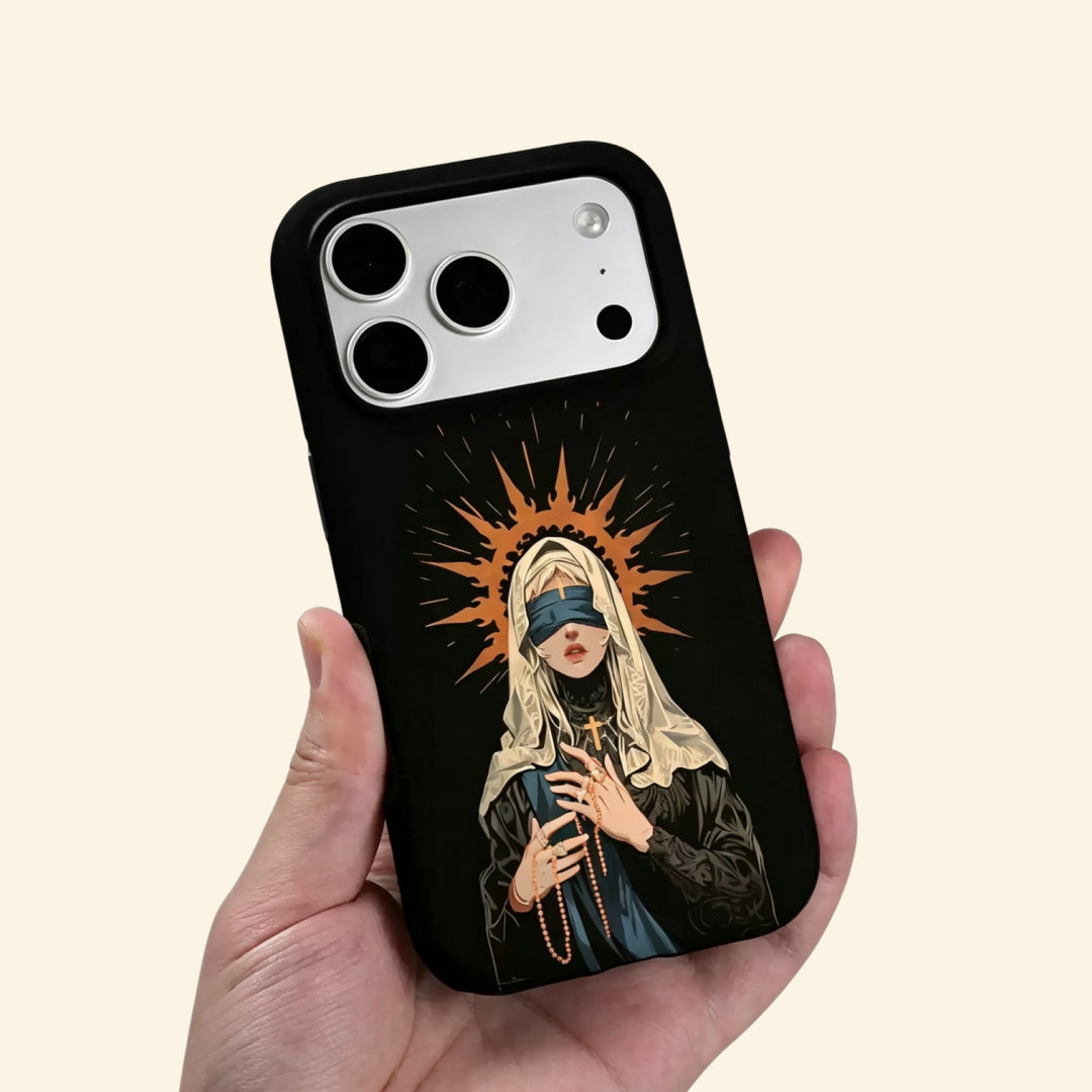 The Veiled Sanctuary case – top-down flat lay showing camera island and saint artwork
