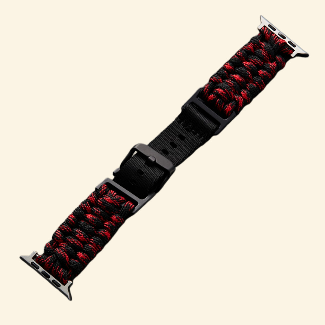 Crimson & Black Paracord Braided Band on Apple Watch — angled side view