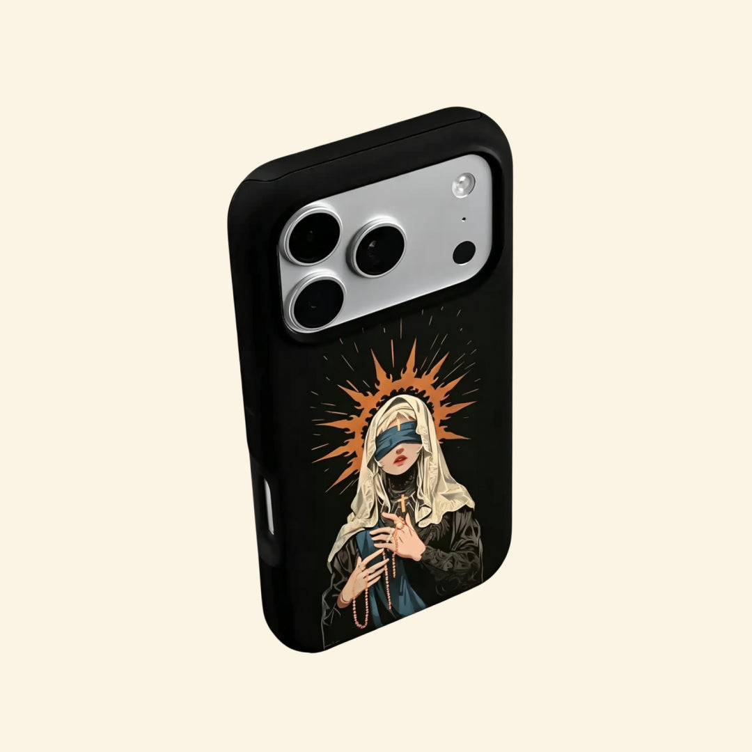 The Veiled Sanctuary case – front and side profile showing slim matte black shell with rosary and cross detail