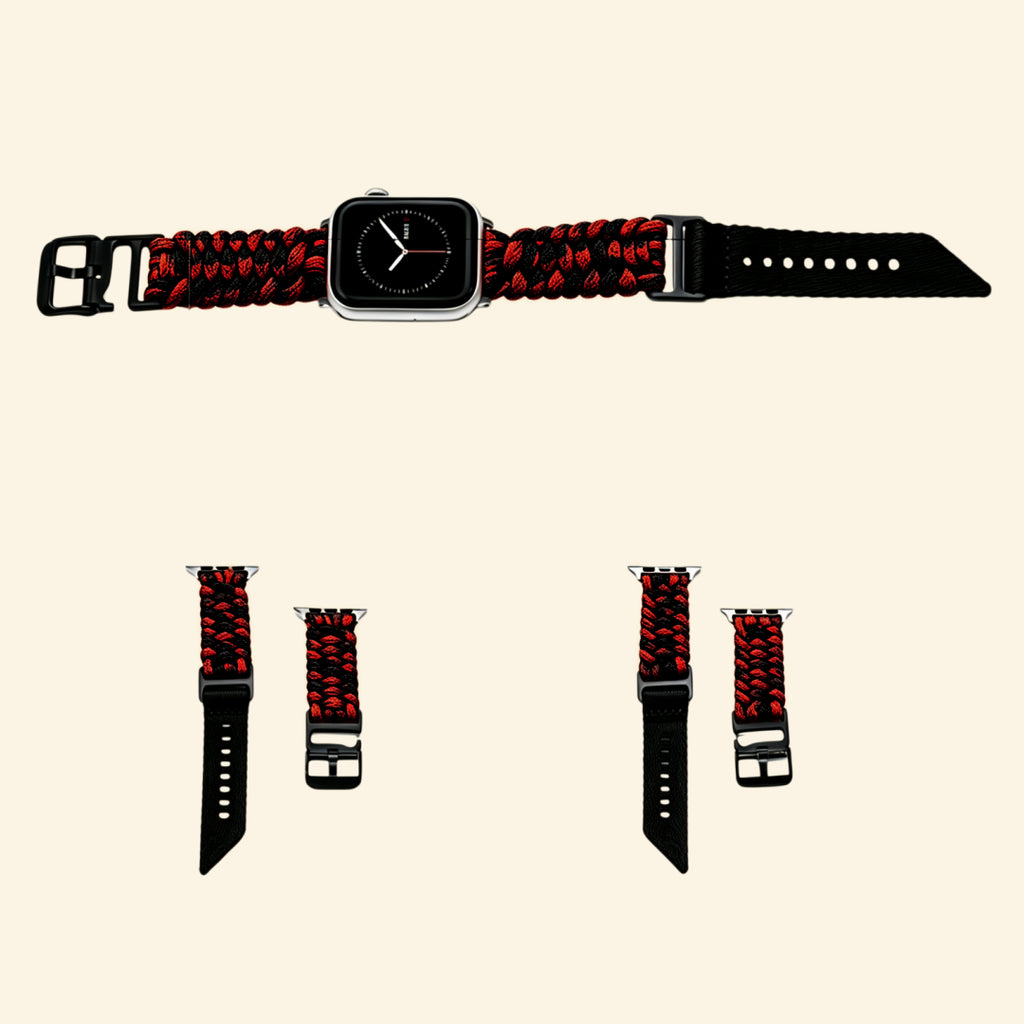 Crimson & Black Paracord Braided Band on Apple Watch — front face view