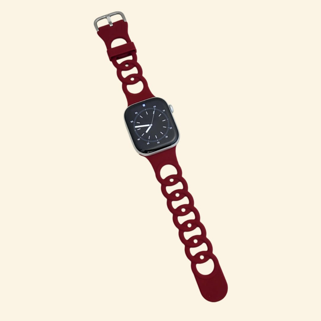 Deep Burgundy Cutout Chain Link Silicone Band for Apple Watch - Carapace StudioWatch BandCarapace StudioCarapace StudioSPEC-8676-CRIMSON-ROSE-1Apple Watch Ultra 3 (49mm)Deep Burgundy Cutout Chain Link Silicone Band - Flat Lay