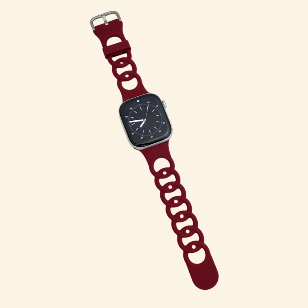 Deep Burgundy Cutout Chain Link Silicone Band for Apple Watch - Carapace StudioWatch BandCarapace StudioCarapace StudioSPEC-8676-CRIMSON-ROSE-1Apple Watch Ultra 3 (49mm)Deep Burgundy Cutout Chain Link Silicone Band - Flat Lay