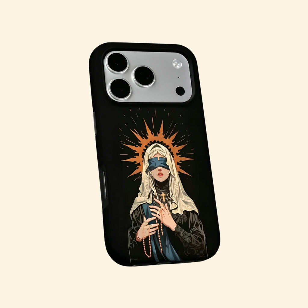 The Veiled Sanctuary case – hand-held lifestyle shot showing full veiled saint and flame halo artwork