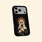 The Veiled Sanctuary case – hand-held lifestyle shot showing full veiled saint and flame halo artwork