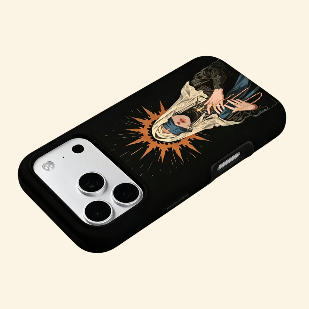 The Veiled Sanctuary case – floating side angle showing copper-gold flame halo and matte black shell