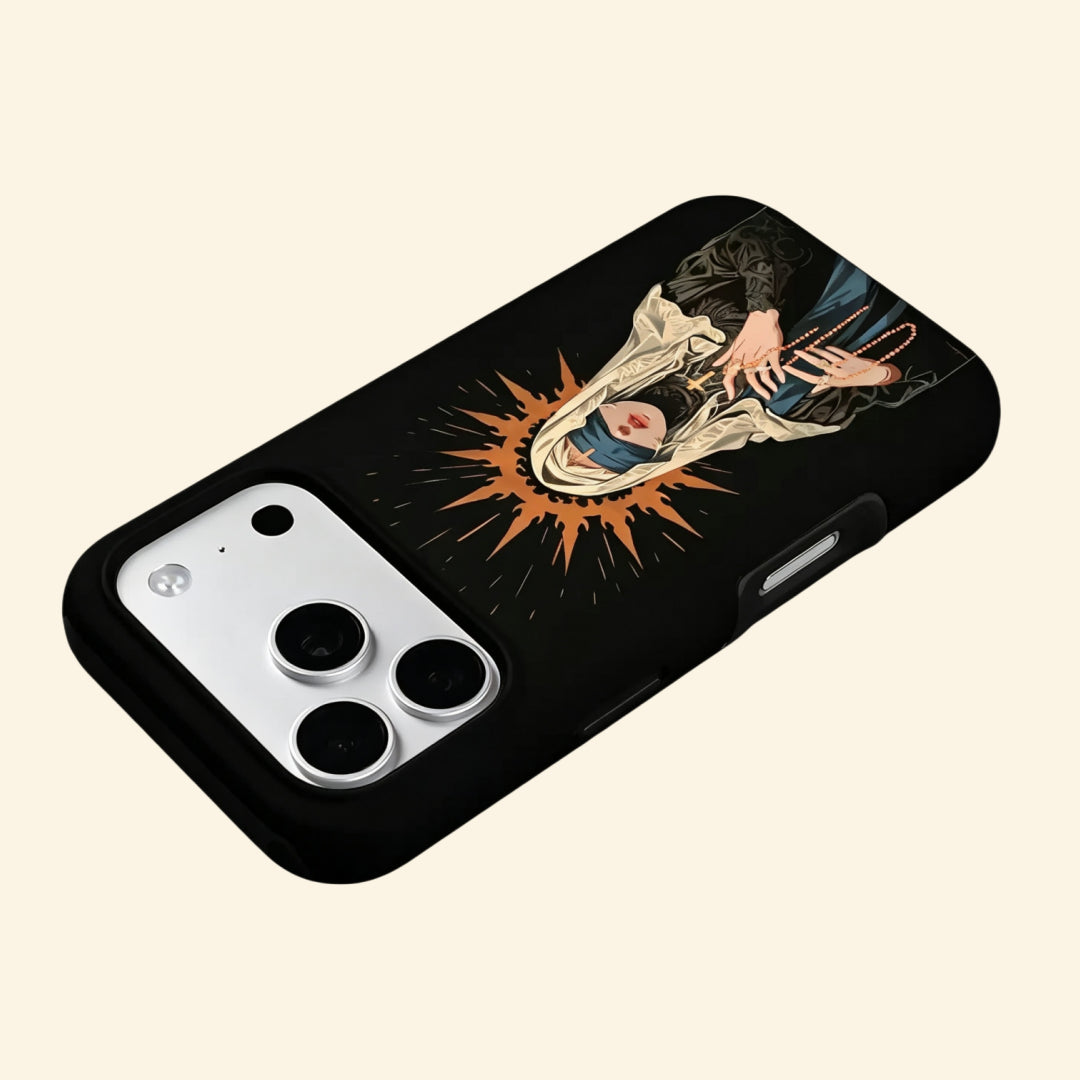 The Veiled Sanctuary case – floating side angle showing copper-gold flame halo and matte black shell