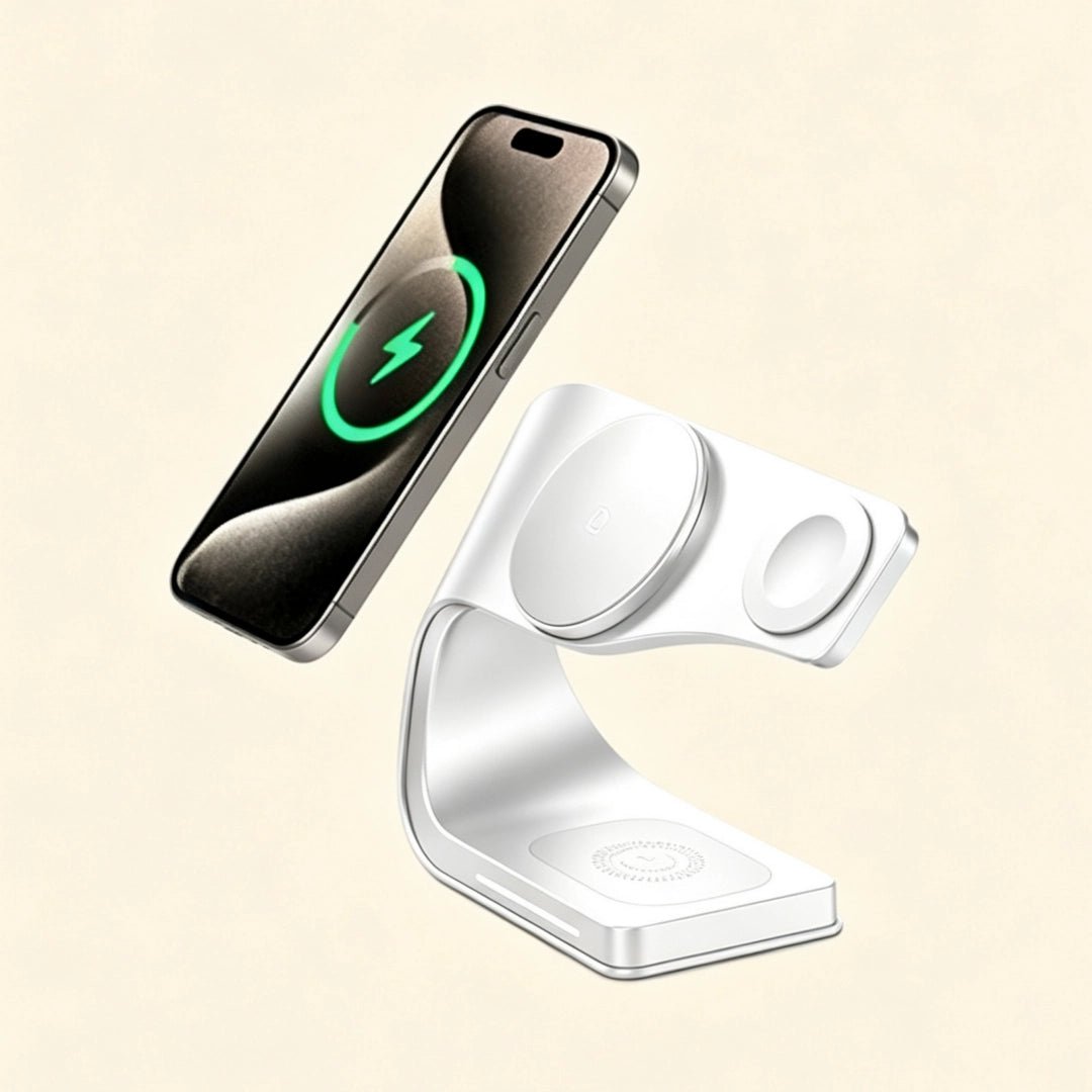 Streamlined Metal 3-in-1 Magnetic Wireless Charging Stand - Carapace StudioWireless ChargerCarapace StudioCarapace Studio10559Titanium GrayC-curve alloy charging stand with iPhone showing MagSafe charging animation — front view