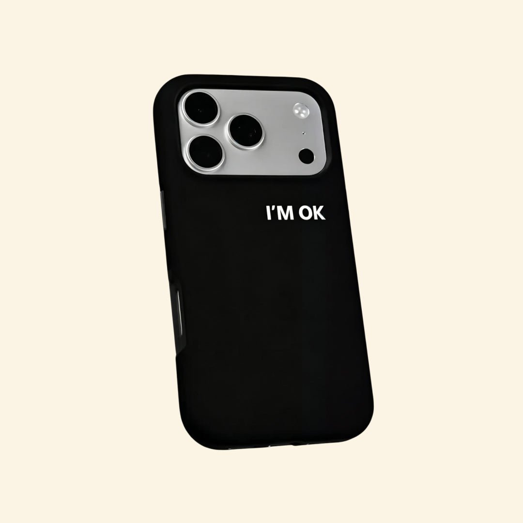 The Statement Case – "I'M OK" Matte Black Magnetic Protective Shell - Carapace StudioPhone CaseCarapace StudioCarapace StudioCS-801-IP16PMiPhone 16 Pro MaxI'M OK Magnetic Case – flat lay with side