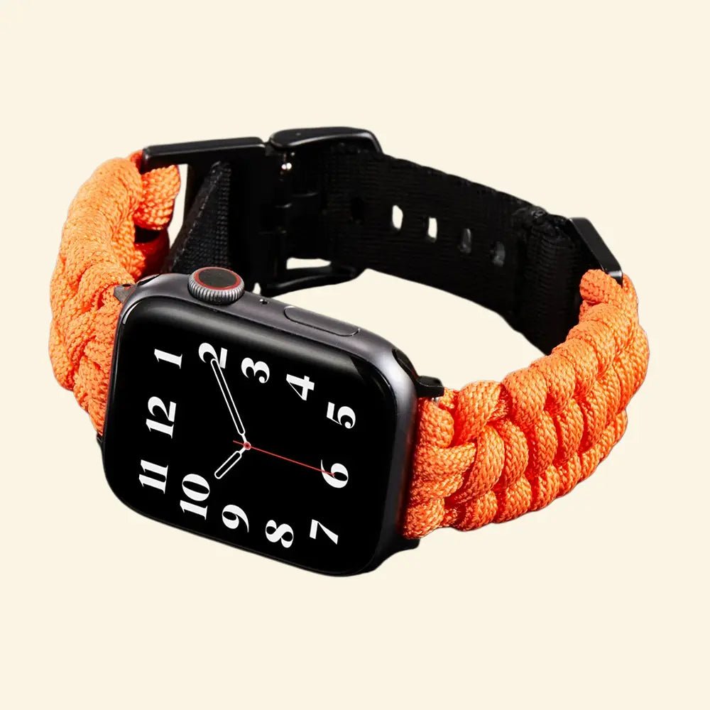 Tactical Paracord Braided Band for Apple Watch — Specimen No. 9808 - Carapace StudioApple Watch BandCarapace StudioCarapace StudioCS-9808-PCRD-ORG-AW-1Apple Watch Ultra 3 (49mm)Tactical Paracord Braided Apple Watch Band — front-facing view on watch showing full braid texture, Specimen No. 9808