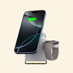 Dual-angle view of pop-up charging stand with iPhone and Apple Watch — front and rear
