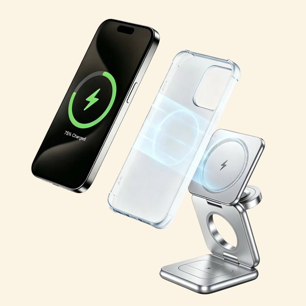 Foldable 3-in-1 MagSafe Wireless Charging Station - Carapace StudioWireless ChargerCarapace StudioCarapace Studio10557-1Glacial PlatinumSide profile of folded MagSafe charging stand