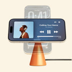 Geometric Cone Qi2 25W Wireless Charging Stand - Carapace StudioWireless ChargerCarapace StudioCarapace StudioSPEC-10556-CONE-QI2Amber GoldGeometric Cone Qi2 25W Wireless Charging Stand — charging indicator light glowing