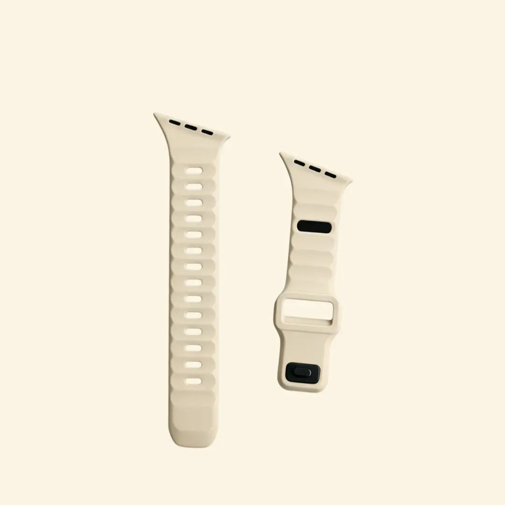 Oat Beige Ocean Wave Apple Watch Band — flat lay with watch and band components