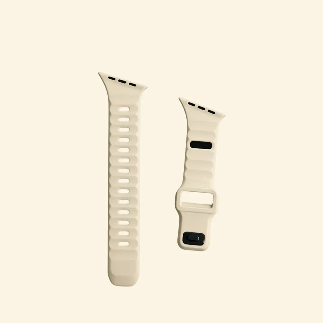 Oat Beige Ocean Wave Apple Watch Band — flat lay with watch and band components
