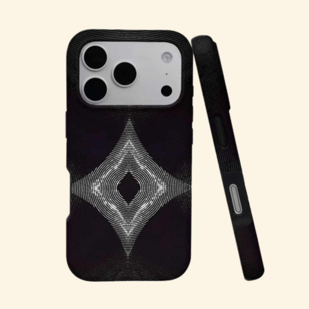 The Sonic Starburst case – angled floating view showing four-pointed rhombus concentric line pattern on matte black